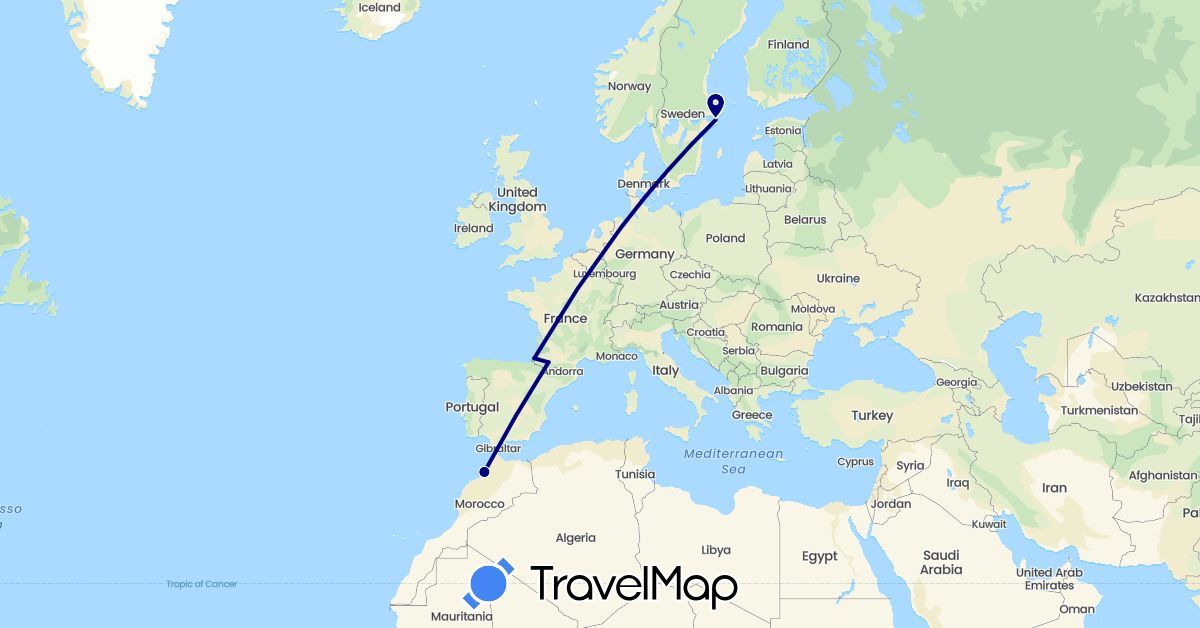 TravelMap itinerary: driving in France, Morocco, Sweden (Africa, Europe)